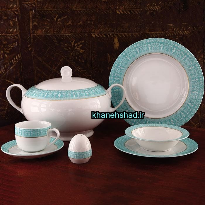 سرویس چینی زرین 12 نفره طرح سپید صدف فیروزه ای 102 پارچه درجه یک